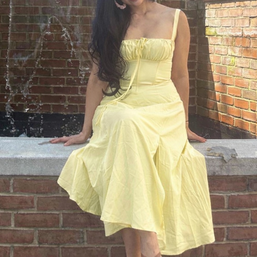 Pale YELLOW Midi A-line slit Milkmaid Summer Dress Cottagecore SMALL/MEDIUM